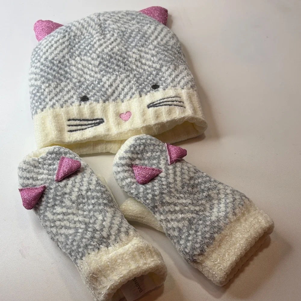 Adorable Gray and Pink Cat Beanie and Mittens Set Kids age 3-6 NWOT